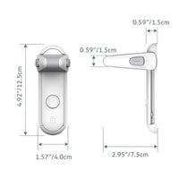 Safety Door Lever Lock with dimensions labeled, featuring a secure design to prevent unauthorized access and ensure child safety.