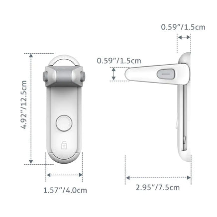 Safety Door Lever Lock with dimensions labeled, featuring a secure design to prevent unauthorized access and ensure child safety.