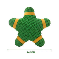 Green star-shaped squeaky dog toy with textured surface and yellow accents, measuring 14.5 cm, perfect for interactive pet play.