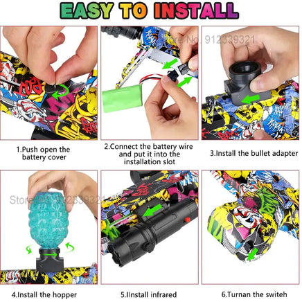 Step-by-step installation guide for toy gun blaster, including battery, hopper, and infrared setup.