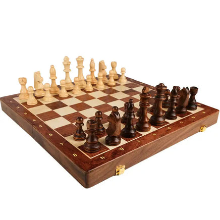 Large Children's Wooden Folding Chess Set with a fully set up chessboard featuring light and dark wooden pieces.