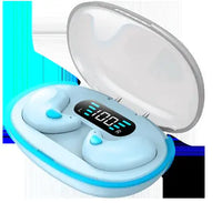 Light blue Bluetooth headset with LED display in a compact charging case, ideal for side sleeping and ergonomic comfort.