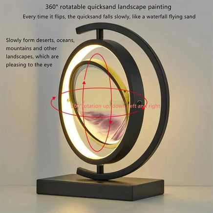 3D Quicksand Table Lamp with 360° rotatable quicksand landscape painting, featuring mesmerizing sand art and soft illumination for home decor.