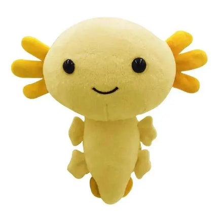 Yellow anime axolotl plush toy with orange gills, soft and adorable, perfect for kids and collectors.