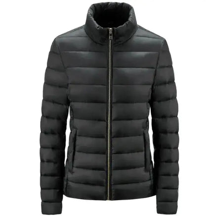 Simple Women's Stand-up Collar Puffer Jacket in black with zip-up front and horizontal quilting. A minimalist, warm, and stylish winter coat for everyday wear.