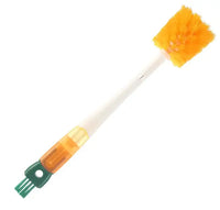 Multifunctional five-in-one cup brush with a long handle, featuring orange bristles and a green scraper for versatile kitchen cleaning.