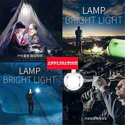 Solar camping lantern showcased in outdoor scenarios, including tents, hiking, and vehicle repair, emphasizing bright LED lighting.