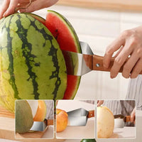 Watermelon splitter cutting various fruits like watermelon, cantaloupe, and apples, demonstrating its versatility in the kitchen.