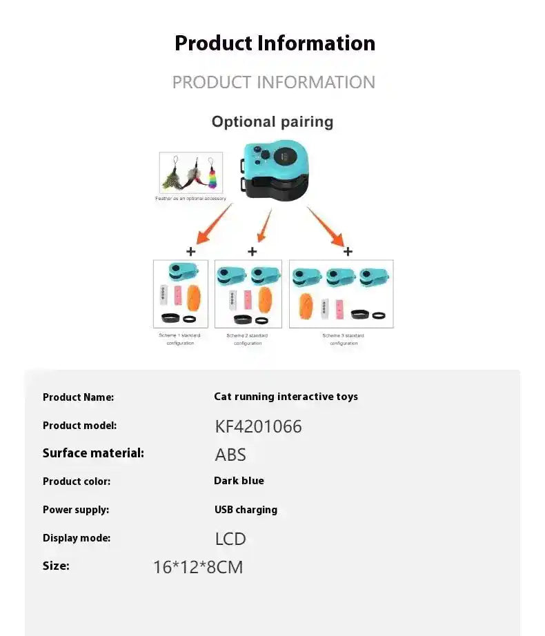 Product information for the interactive cat running toy, including material, power supply, display type, and size specificati