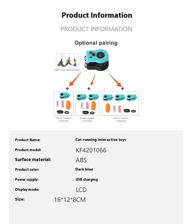 Product information for the interactive cat running toy, including material, power supply, display type, and size specifications.