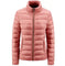 Simple Women's Stand-up Collar Puffer Jacket in blush pink with horizontal quilting and front zip closure. A cozy, minimalist winter coat for women.