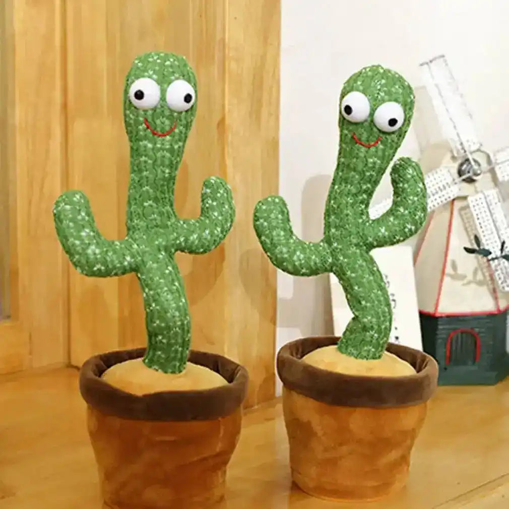 Pair of dancing cactus toys in brown pots on a wooden surface, featuring their cheerful expressions and interactive capabilities.