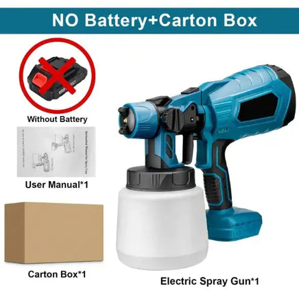 Wireless paint sprayer with ergonomic design, blue body, detachable paint container, and accessories including a user manual and carton box. Ideal for efficient and portable painting tasks.