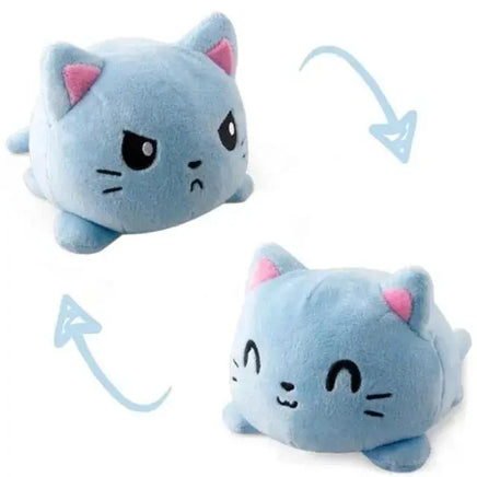 Blue cat double-sided plush toy with reversible angry and happy expressions. Soft and cuddly, available at Shop Name.