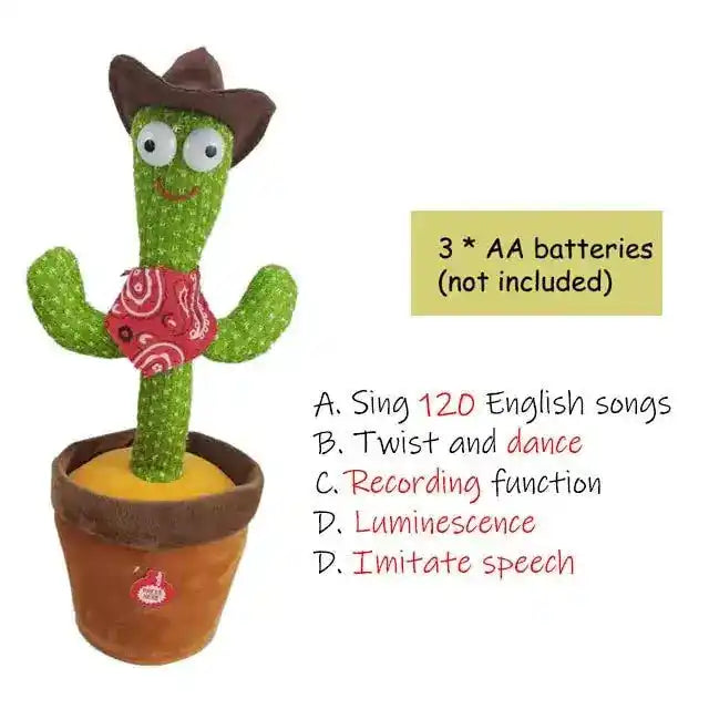 Dancing cactus toy in a cowboy hat and bandana, highlighting its singing, twisting, recording, glowing, and speech imitation features, powered by 3 AA batteries.