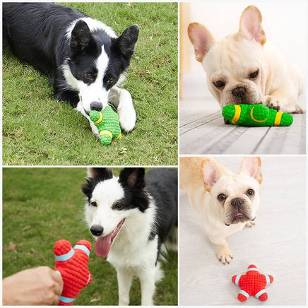 Collage of dogs playing with colorful squeaky dog toys, including a green and yellow toy and a red star-shaped toy, ideal for pet entertainment.