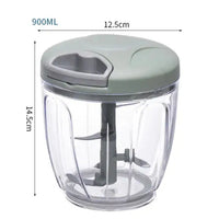 900ml manual food chopper with a green lid and sharp blades, designed for efficient vegetable and fruit chopping.