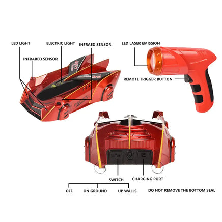 Detailed view of red anti gravity car toy with labeled features including LED light, charging port, and infrared sensor.