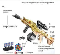 Golden dragon-themed M4 airsoft gun toy with labeled parts and accessories, including a suppressor and drum magazine.