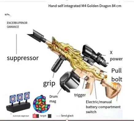 Golden dragon-themed M4 airsoft gun toy with labeled parts and accessories, including a suppressor and drum magazine.