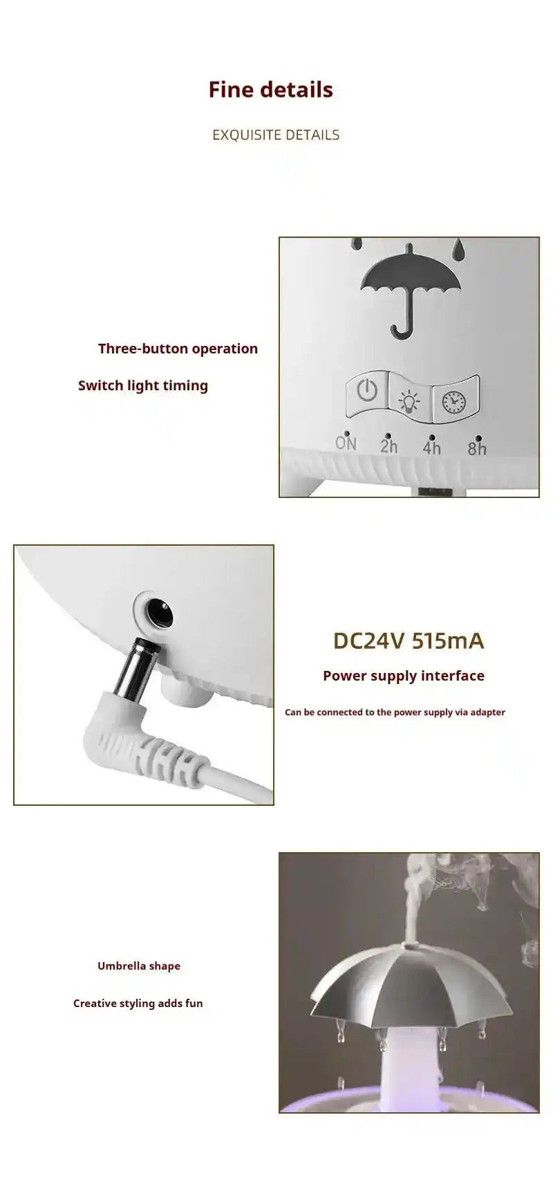 Detailed view of Raindrop Aromatherapy Humidifier, highlighting its power supply interface, button controls, and creative umb