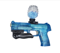 Blue transparent automatic airsoft gun toy with a top-mounted gel ball container, ideal for kids' shooting games.