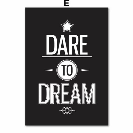 Motivational inspiring quotes wall art canvas featuring the phrase 'Dare to Dream' in bold white text on a black background with decorative accents.