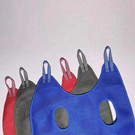 Assorted pet hammocks in blue, red, and gray colors, featuring reinforced straps and leg openings for grooming. Ideal for cats and small pets.