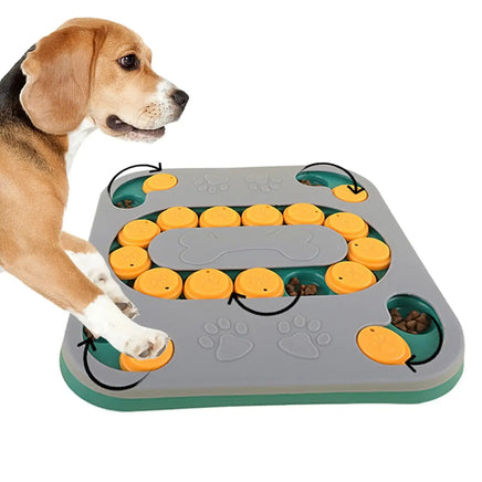 Beagle interacting with a gray and yellow dog puzzle toy designed to stimulate mental activity and reward with hidden treats.