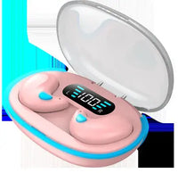 Pink Bluetooth headset with LED display in a compact charging case, designed for side sleeping and ergonomic comfort.