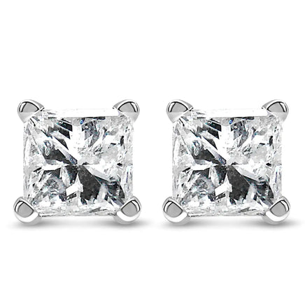 14K white gold princess cut lab-grown diamond solitaire stud earrings with F-G color and VS2-SI1 clarity, featuring a classic four-prong setting.