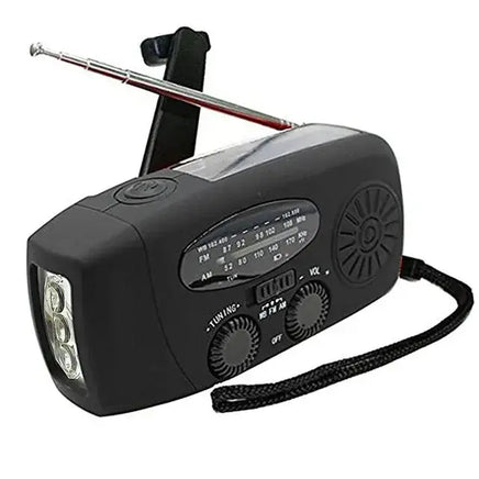 Black emergency radio featuring LED flashlight, hand crank, and AM/FM/WB tuning dials for versatile use.