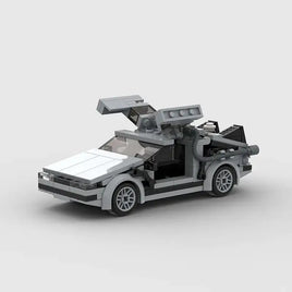 Delorean Classic Building Blocks featuring a detailed gray car model with opening gull-wing doors, ideal for creative construction play.