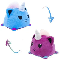 Blue and purple unicorn cat double-sided plush toy with reversible angry and happy expressions. Perfect for kids from Shop Name.