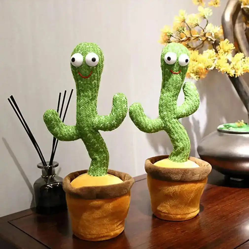Two smiling dancing cactus toys in brown pots on a decorative table, ideal for adding fun and laughter to any space.