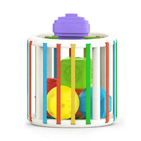 Baby Blocks Shape Sorter Toy featuring a cylindrical frame with colorful blocks inside, designed to teach shapes and colors to toddlers.