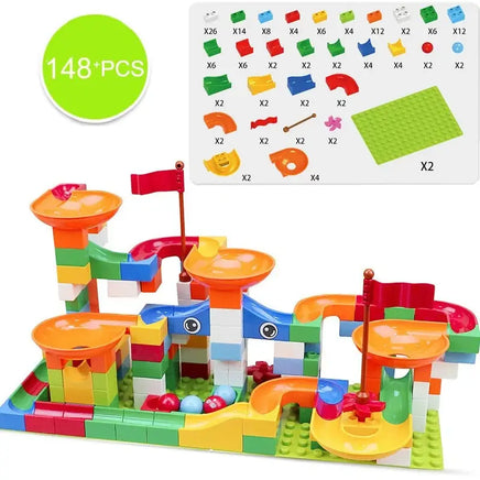 148-piece marble race run block toy set featuring a parts list and vibrant design for imaginative building activities.