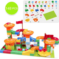 148-piece marble race run block toy set featuring a parts list and vibrant design for imaginative building activities.