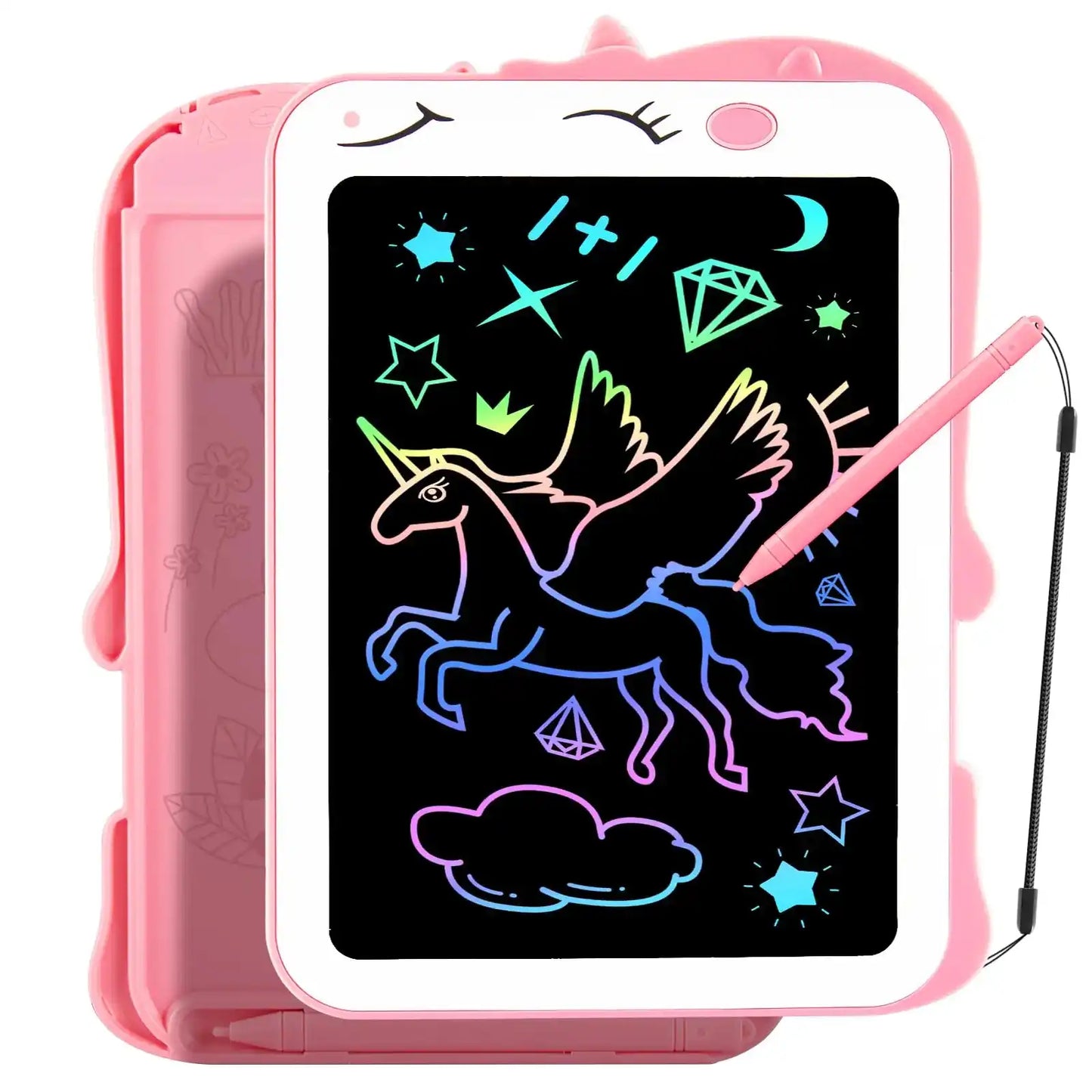 LCD Writing Tablet for Kids - Creative Unicorn Drawing Board in pink with stylus, featuring colorful doodles and educational icons.