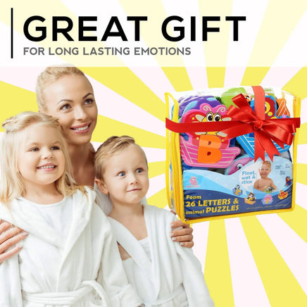 Family with two kids holding foam bath toys gift set, highlighting it as a great gift idea for fun and educational playtime.