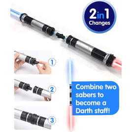 2-in-1 lightsaber toy assembly guide showing how to combine two sabers into a Darth staff for epic battles.