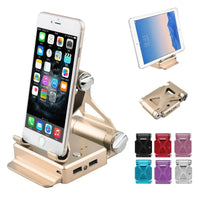 Gold podium style stand holding a smartphone and iPad, with multiple color options and compact foldable design.