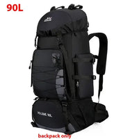 Black 90L outdoor travel backpack with multiple compartments and mesh side pockets, designed for hiking and travel enthusiasts.