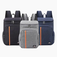 Set of three portable thermal lunch bags in black, gray, and navy, featuring orange accents and spacious insulated compartments.