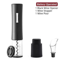 Black battery-operated wine opener set with foil cutter, wine stopper, and pourer, perfect for wine lovers and kitchen use.