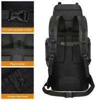 Back view of a black 90L outdoor travel backpack highlighting adjustable waist buckles, D-shape attachments, and ergonomic design.