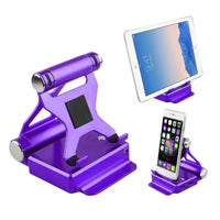 Purple podium style stand holding an iPad and smartphone, featuring adjustable angles and extended battery with USB ports.