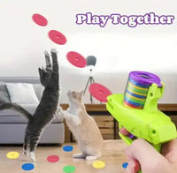 Cats jumping to catch foam discs launched by the Interactive Cat Toy Launcher. Ideal for playful indoor cat exercise and bonding.