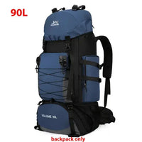 Blue 90L outdoor travel backpack with ergonomic straps and ample storage, suitable for outdoor trekking and camping.