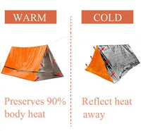 Emergency tent showcasing dual functionality: retains 90% body heat for warmth or reflects heat for cooling. Ideal for survival situations.